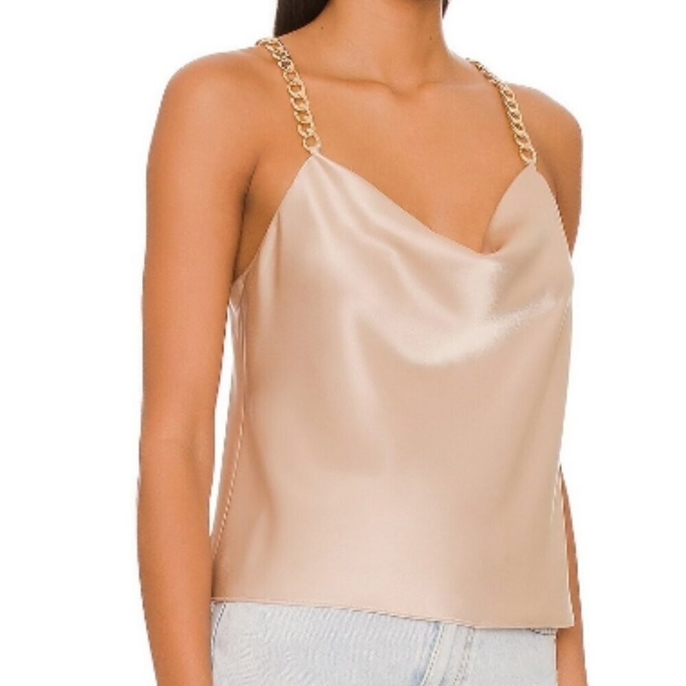 Alice + Olivia Nude Satin Cowl Neck Camisole with Gold Chain Straps